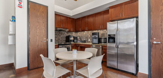 Equipped kitchen at 6150 Sherry Lane, leased by HPI.